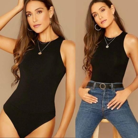 Tops - High neck racerback tank bodysuit black
